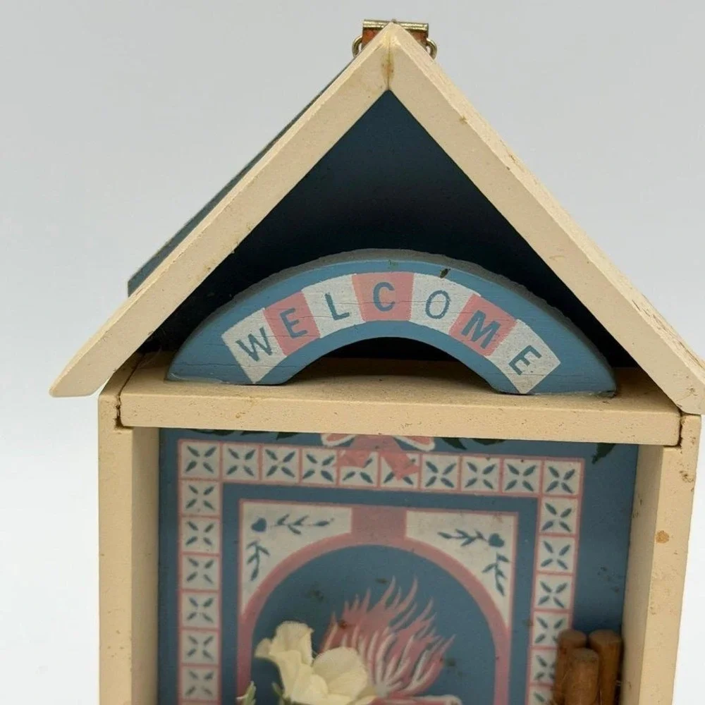 Vintage Folk Art Wooden House Shelf Diorama Welcome Cat Fireplace Decor 5